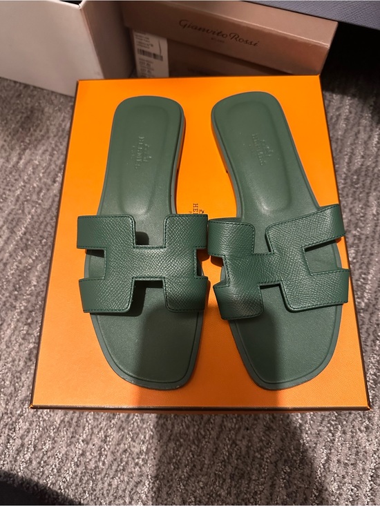 Hermes Shoes - Hermes Green Oran Leather Slide Sandals